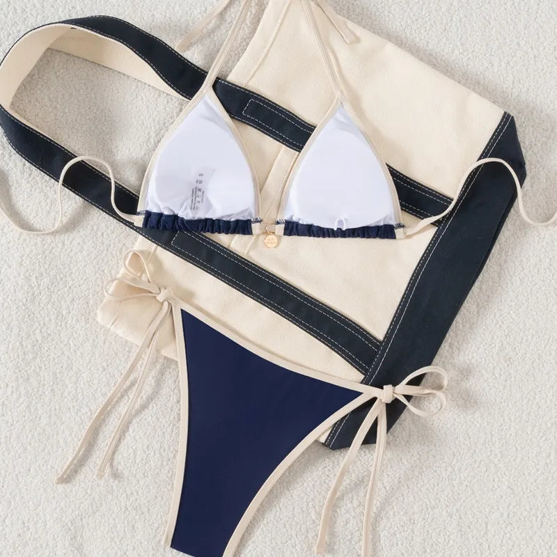 Nautical Navy Contrast String Bikini