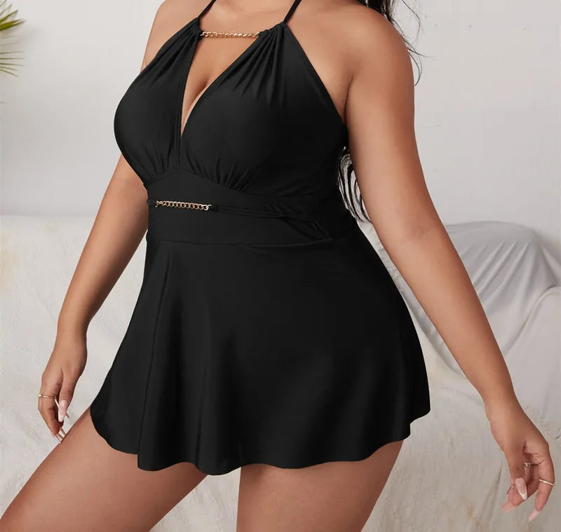Elegant Chain-Detail Halter Swimdress