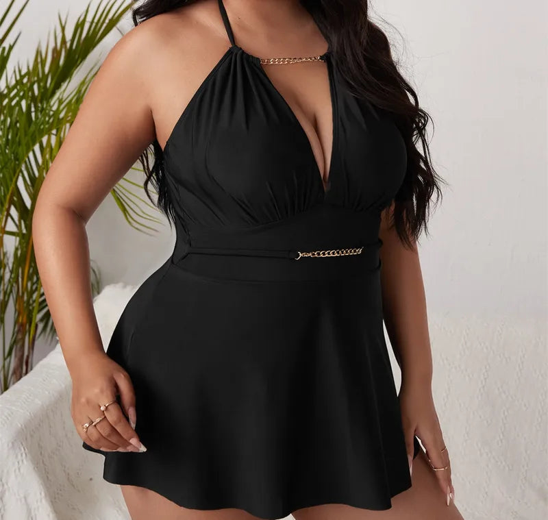 Elegant Chain-Detail Halter Swimdress
